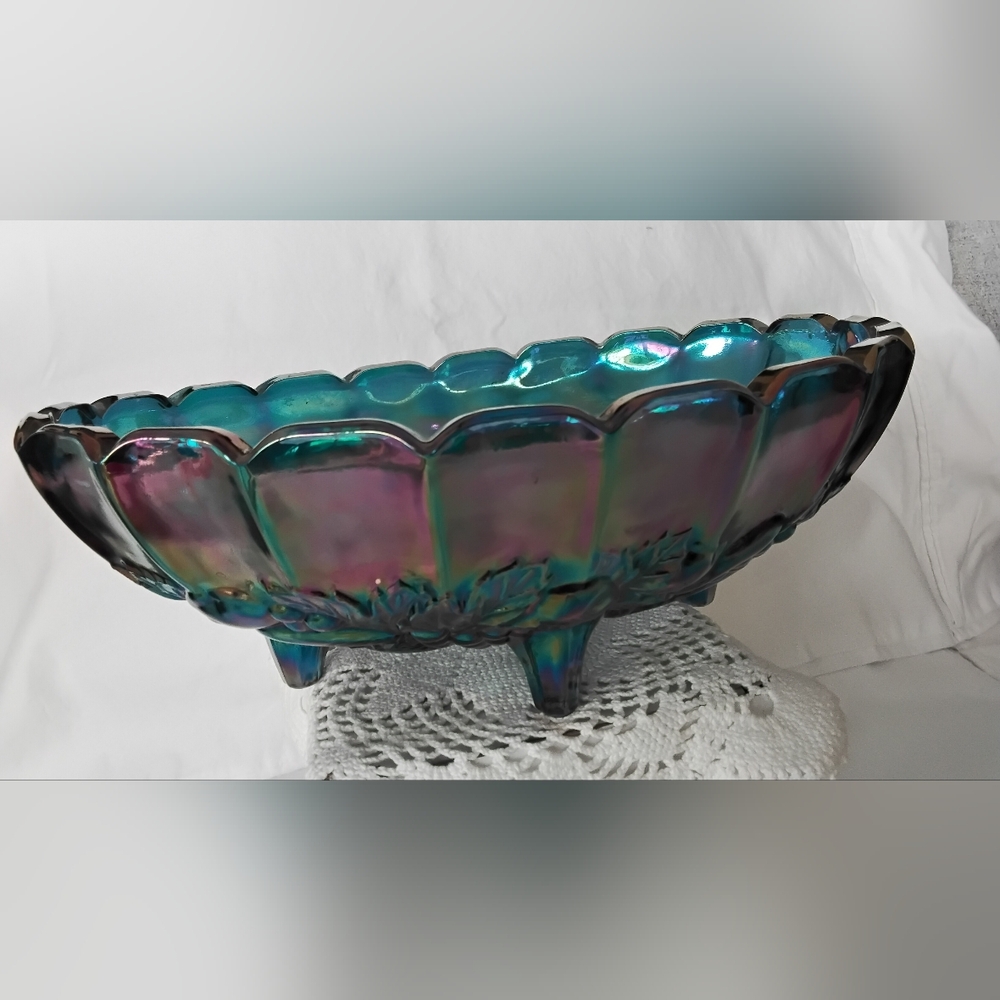 Vtg Indiana Carnival Co. Iridescent Blue Carnival Oval Glass Bowl